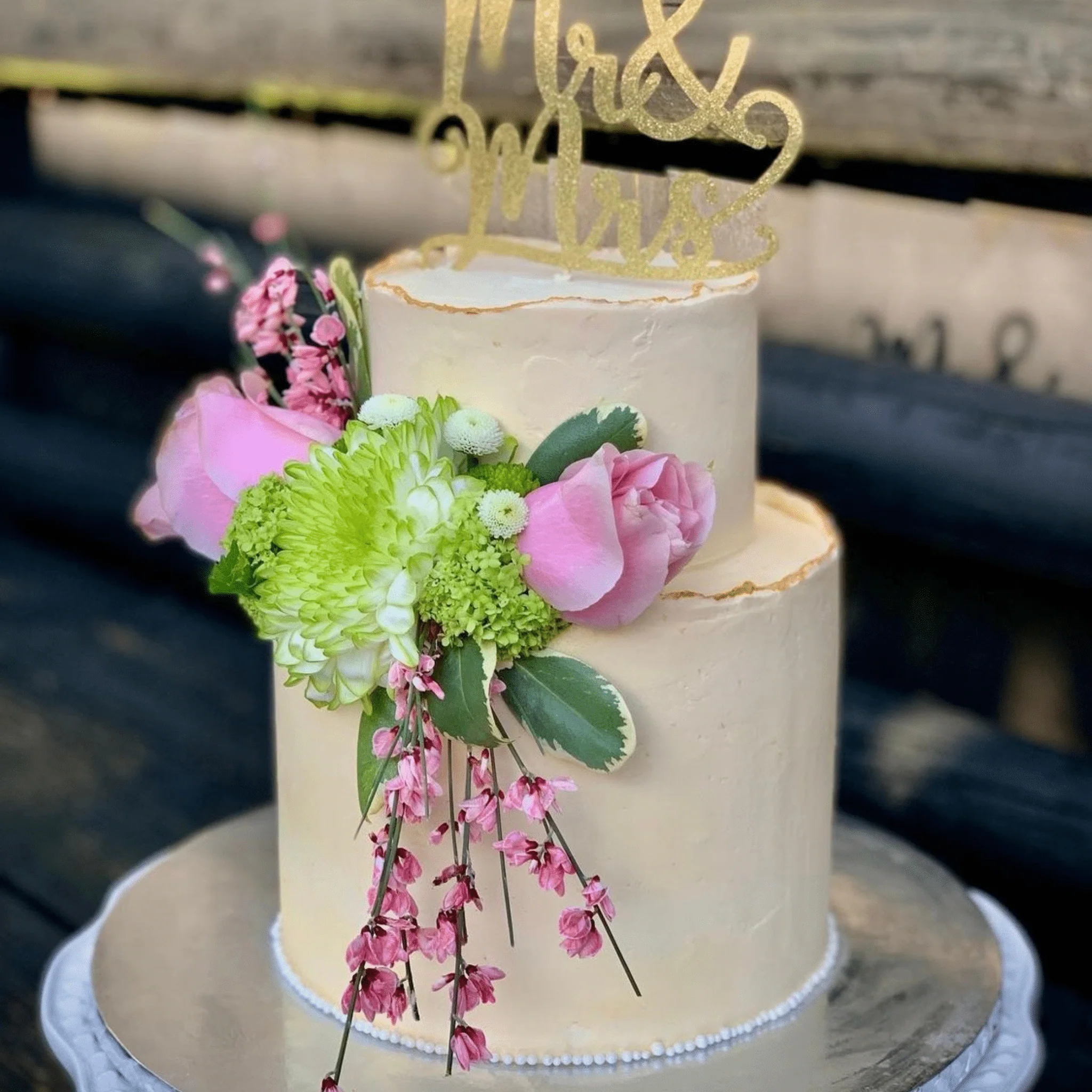 Floral Gold Rough Edge Wedding Cake